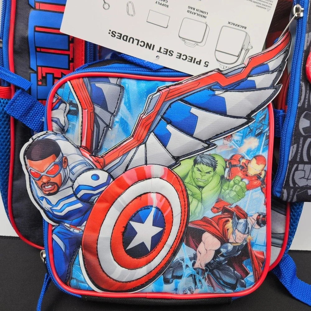 Marvel Avengers 5 Piece Backpack Set Boys Kids School Bag Lunch Case Keychain